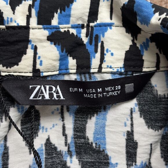 Zara Midi Shirt Dress Women M Blue Black Long Sleeve Abstract Artsy Blogger Fave - Picture 5 of 10